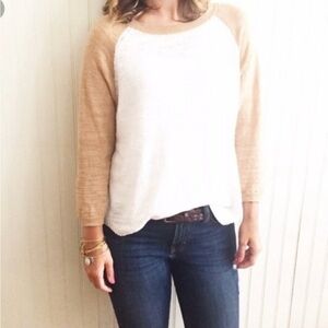 J. Crew Raglan Baseball Linen Sweater White Tan Medium